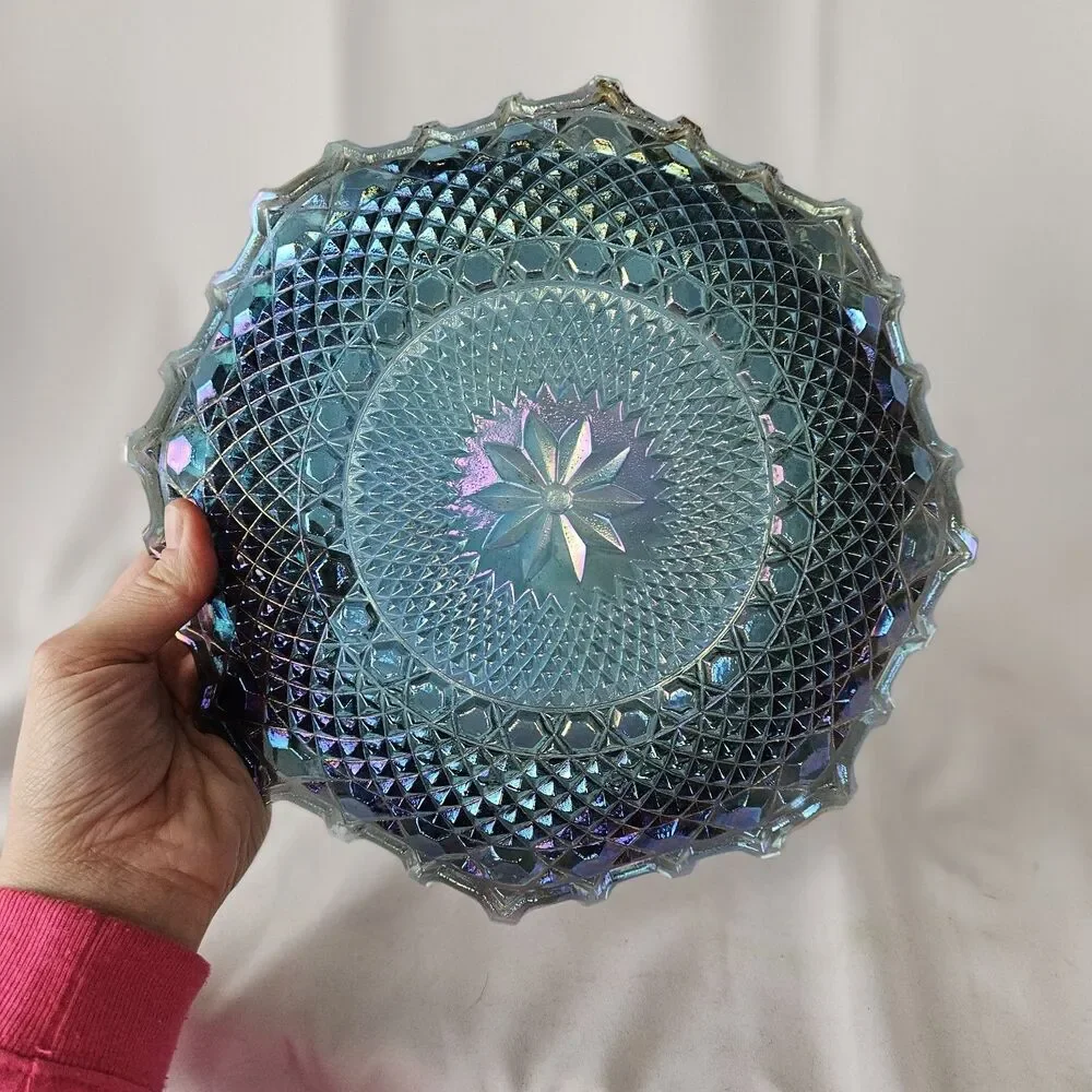 Indiana Glass Blue Iridescent Diamond Cut Ruffled Edge Carnival Glass